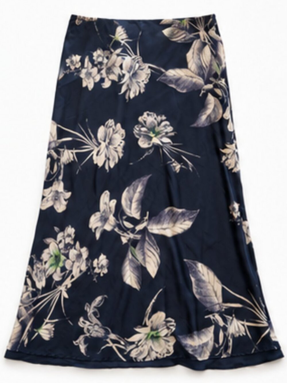 ZARA Navy Floral Satin Maxi Skirt | Flowing A-Line | Elastic Waist | XL